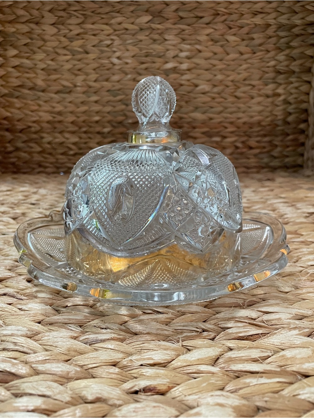 Vintage Dublin crystal butter dish with a domed lid 9”x5”